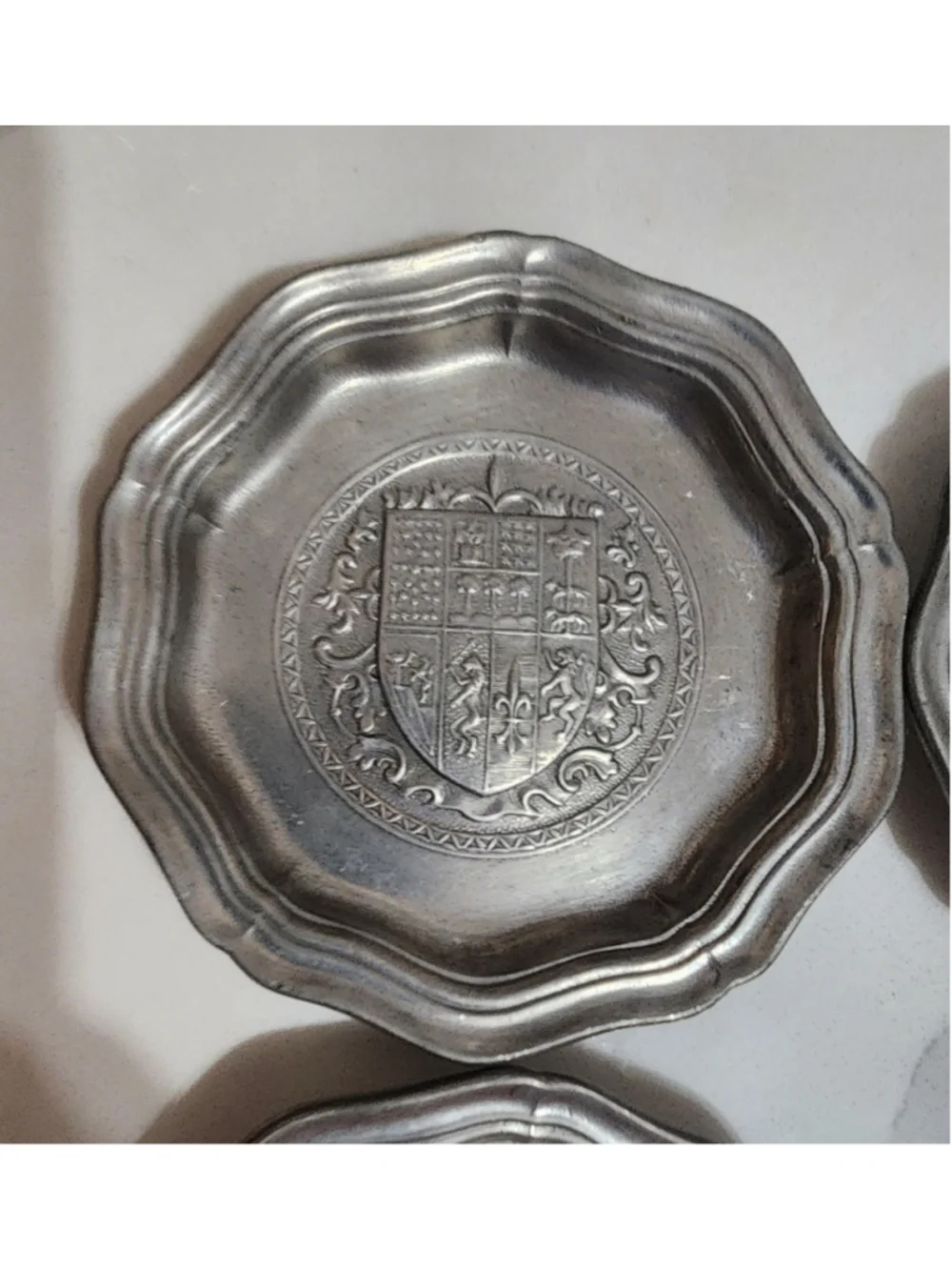 Title: Vintage French Pewter Etain d’Art Heraldic Coasters Small Dishes Set of 4